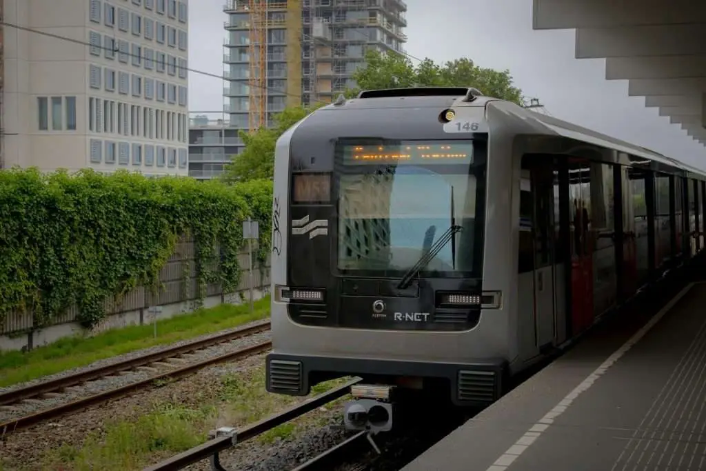 A train is pulling into a train station
